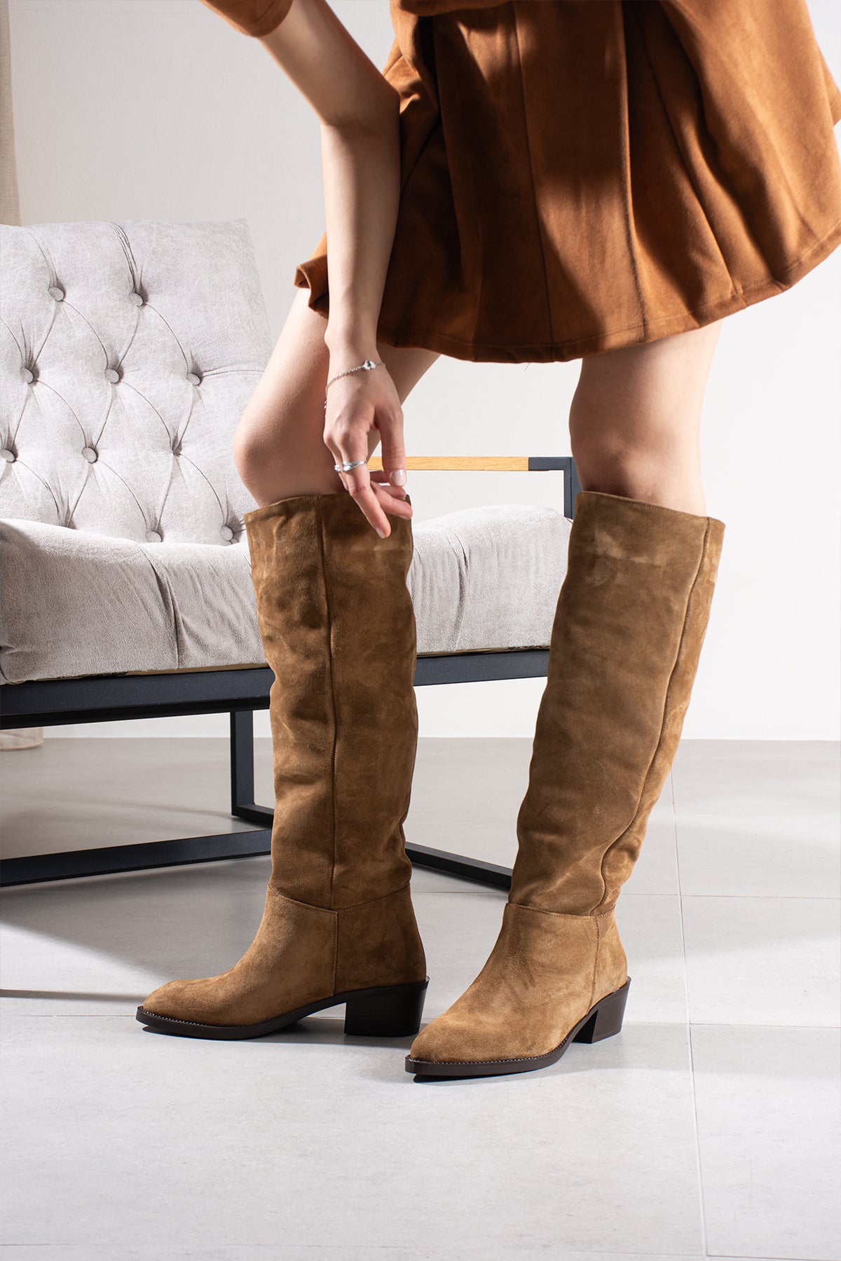 Lauretta Hakiki Deri Süet Kadın Şık Diz Altı Çizme