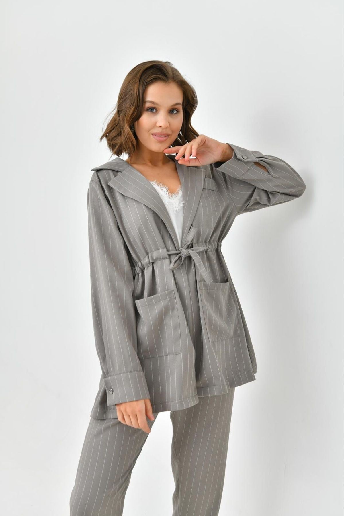 Arthur Kadın Çizgili Ceket Pantolon Alt Üst Takım