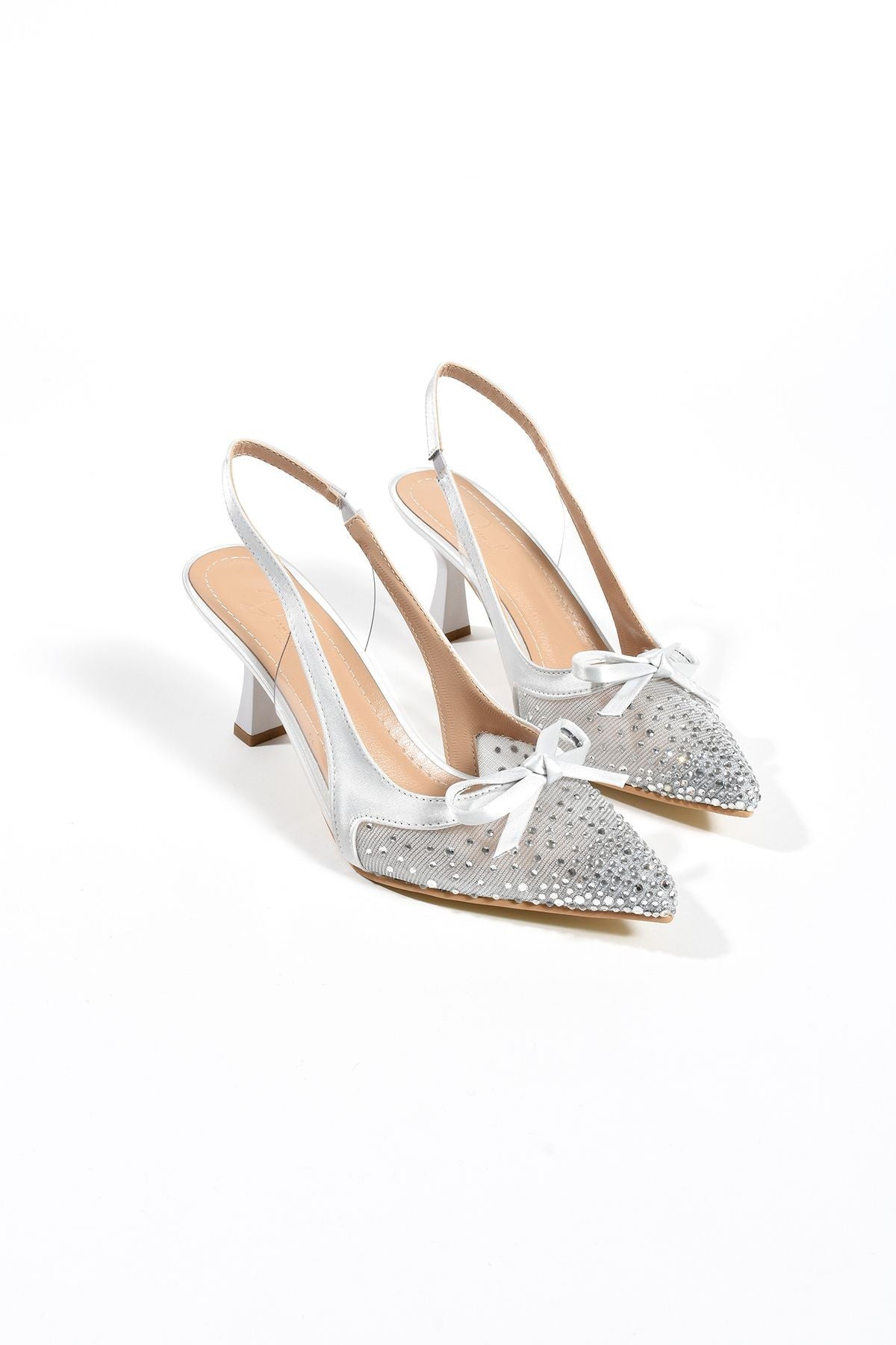 Olivia Kadın Stiletto Taşlı Sivri Burun Fiyonk Detay Arkası Açık Abiye Klasik Topuklu Ayakkabı