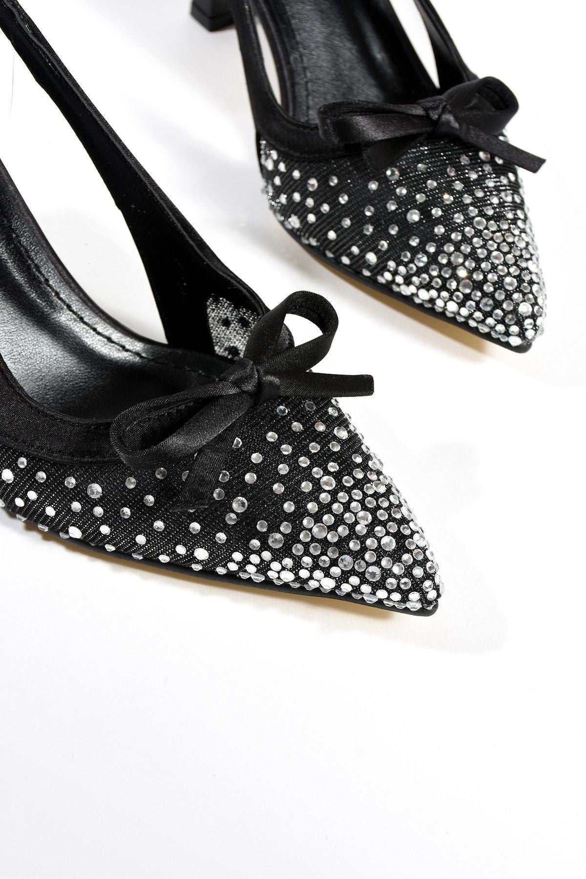 Olivia Kadın Stiletto Taşlı Sivri Burun Fiyonk Detay Arkası Açık Abiye Klasik Topuklu Ayakkabı