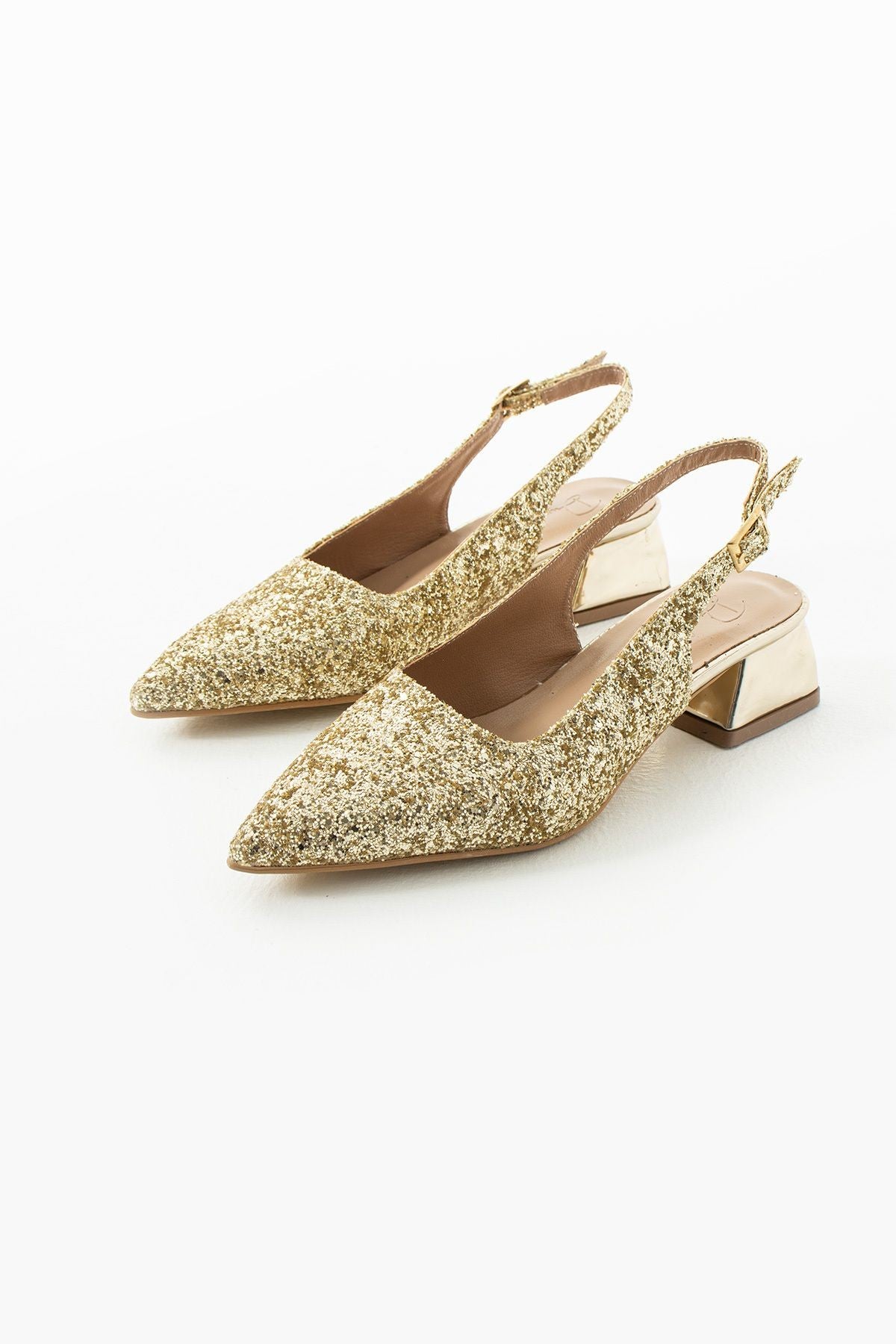Londra Cam Kırıntıları Detay Arkası Açık Topuklu Ayakkabı