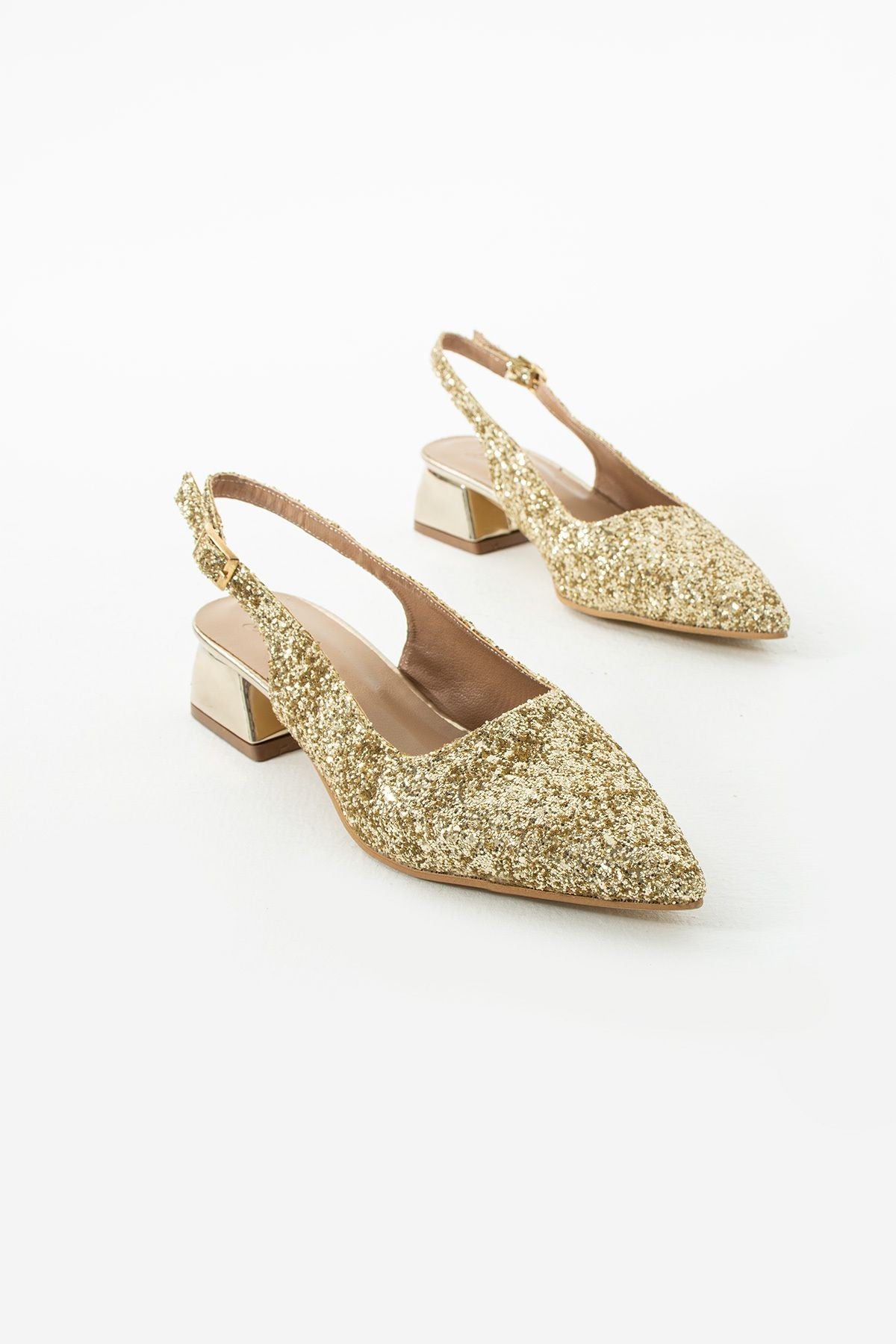 Londra Cam Kırıntıları Detay Arkası Açık Topuklu Ayakkabı