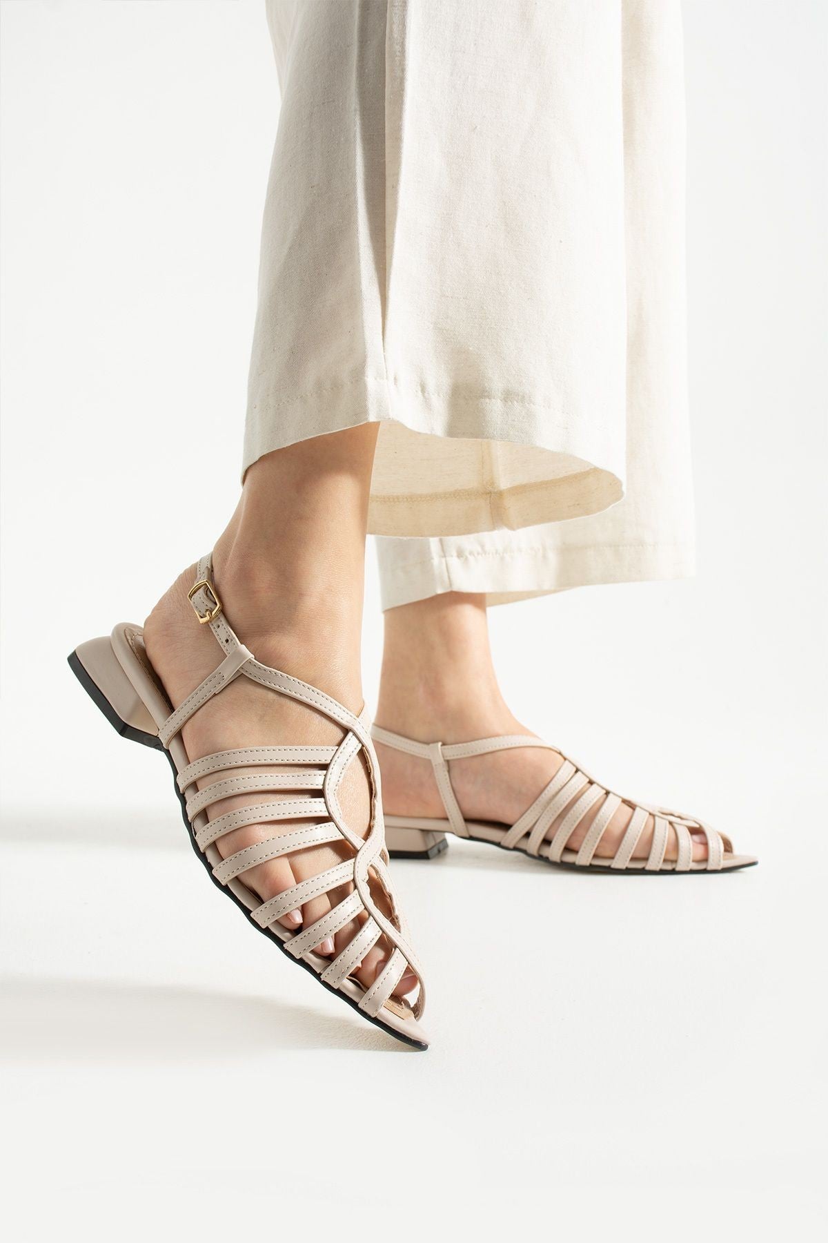 Florence Kafes Detaylı Topuklu Sandalet - Bilekten Tokalı Rahat Günlük Ayakkabı - Babet