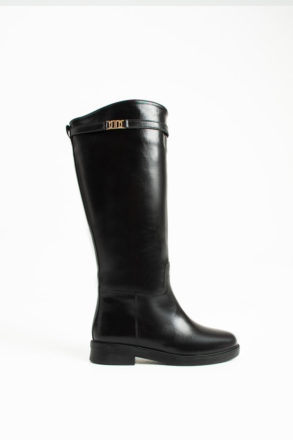 Oriana Toka Detaylı Kadın Siyah Düz Topuklu Diz Altı Deri Çizme