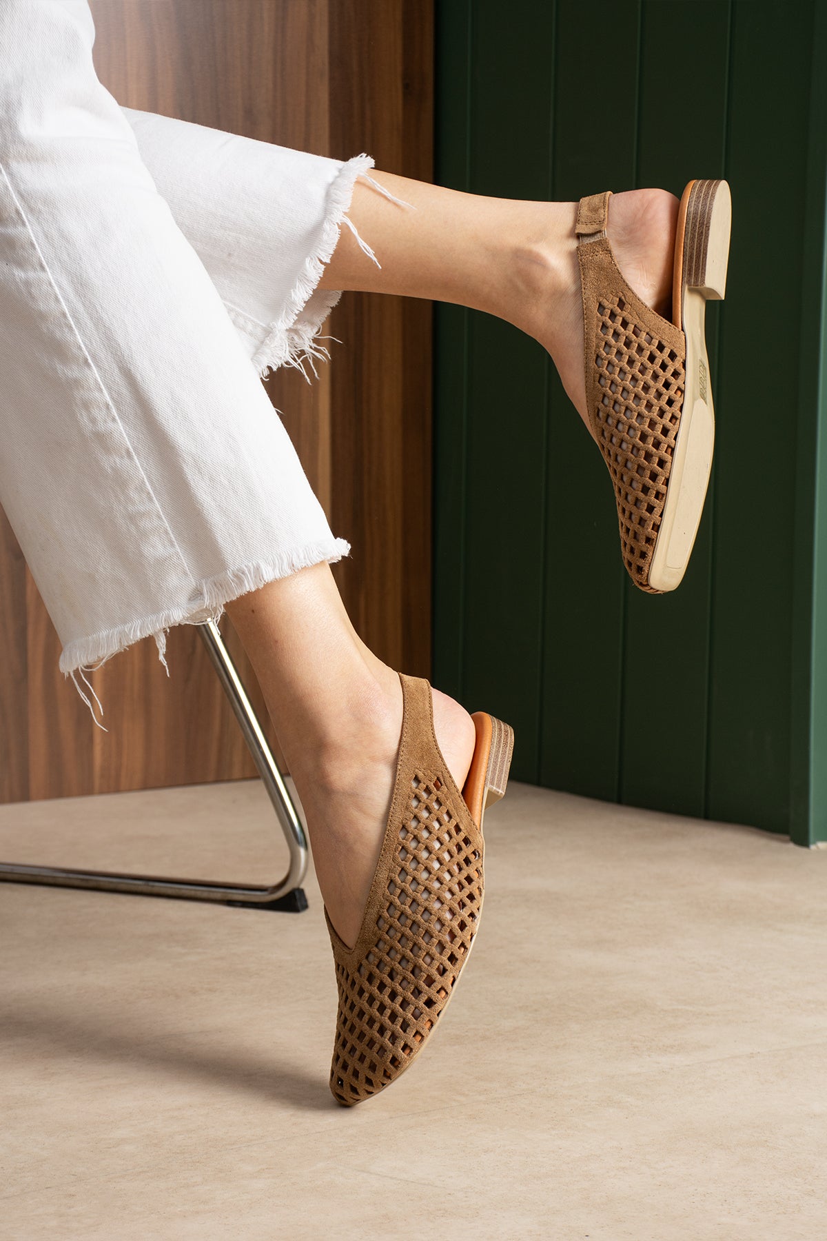 Flavia Hakiki Deri Lazer Kesim Örgü Desenli Slingback Kadın Sandalet Babet