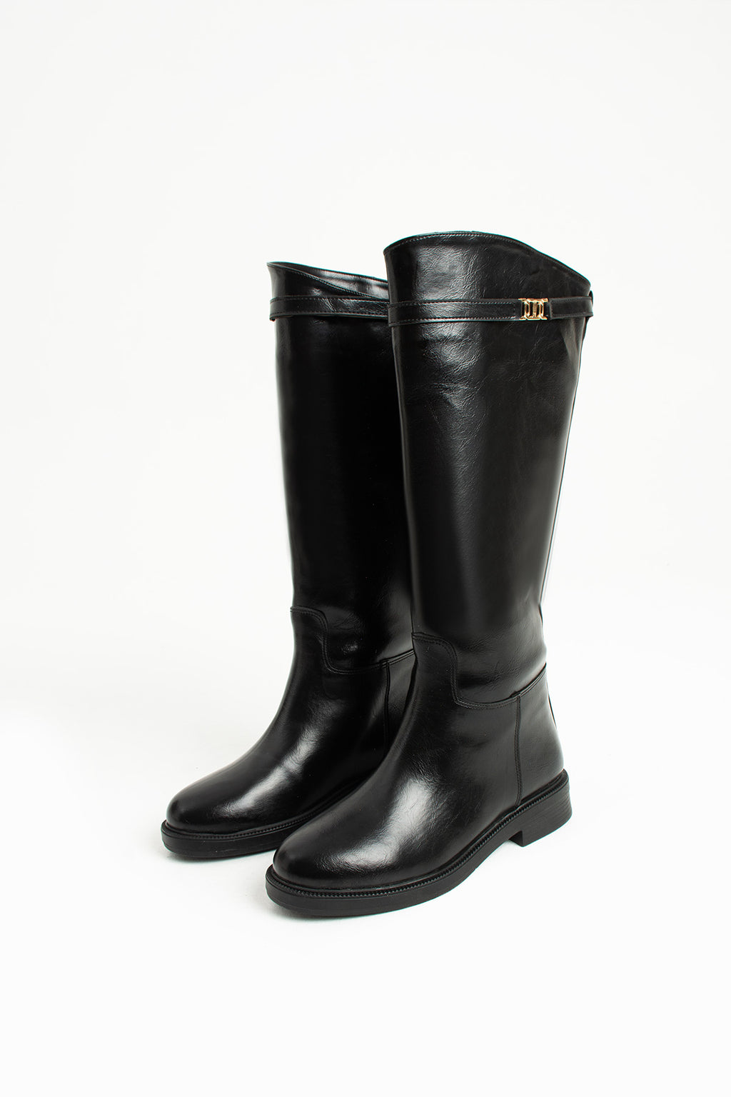 Oriana Toka Detaylı Kadın Siyah Düz Topuklu Diz Altı Deri Çizme