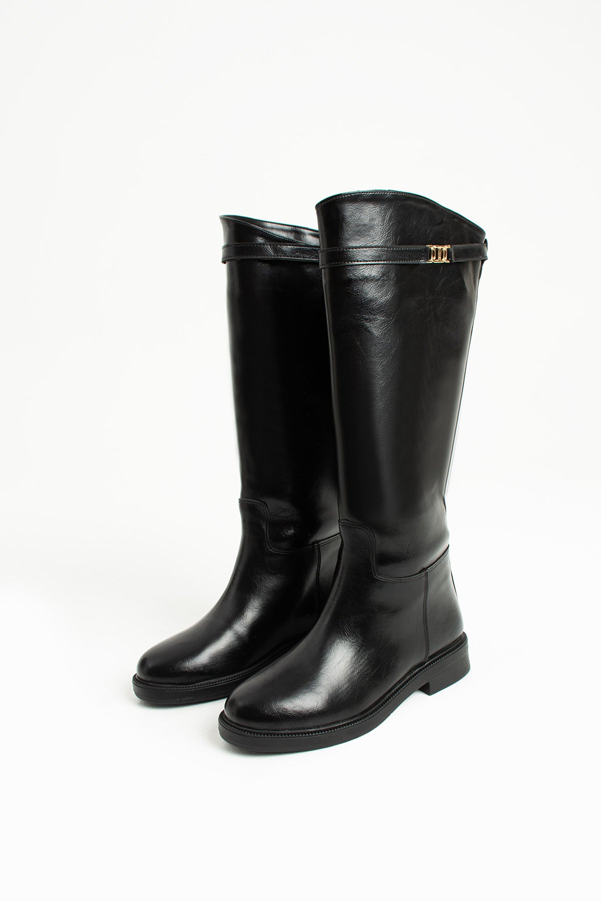 Oriana Toka Detaylı Kadın Siyah Düz Topuklu Diz Altı Deri Çizme