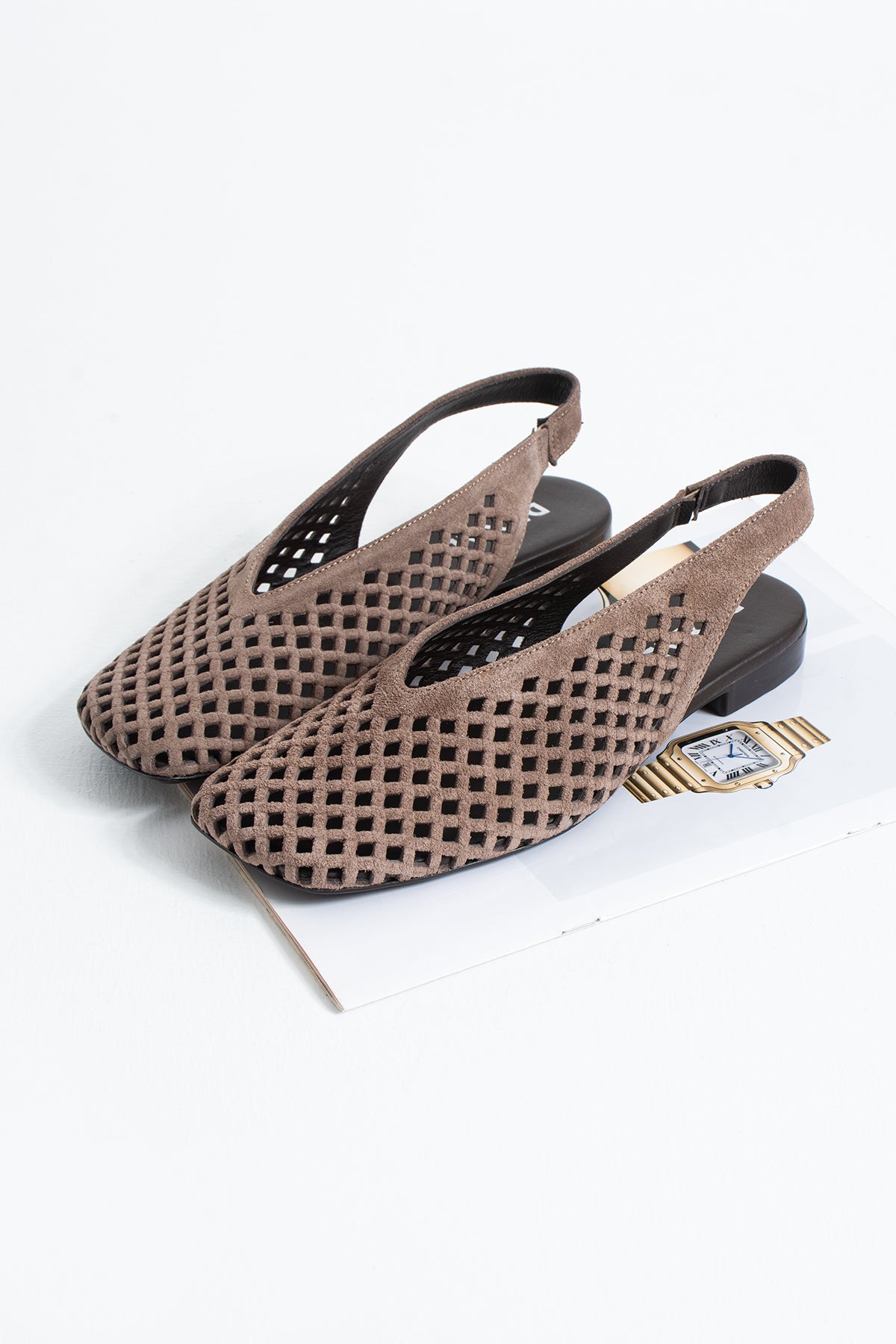 Flavia Hakiki Deri Lazer Kesim Örgü Desenli Slingback Kadın Sandalet Babet