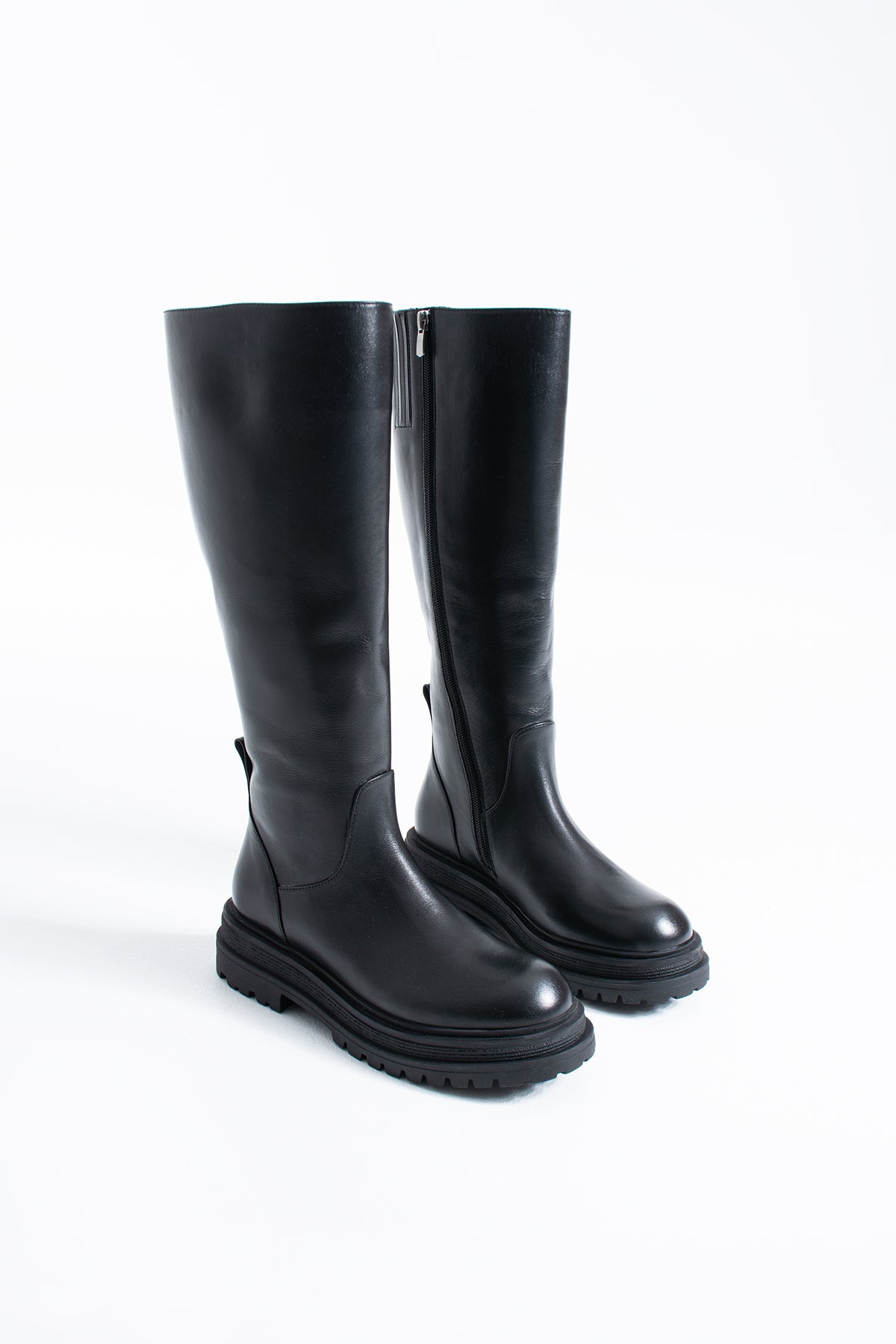 Uliana Hakiki Deri Siyah Kadın Düz Taban Diz Altı Çizme