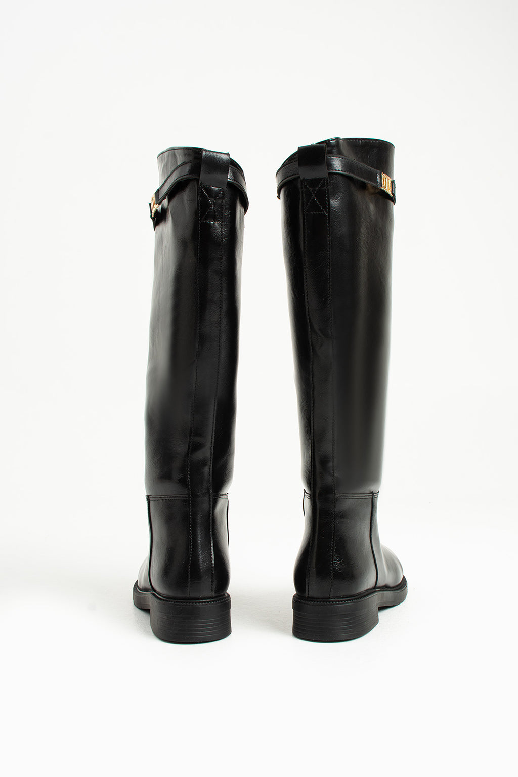 Oriana Toka Detaylı Kadın Siyah Düz Topuklu Diz Altı Deri Çizme