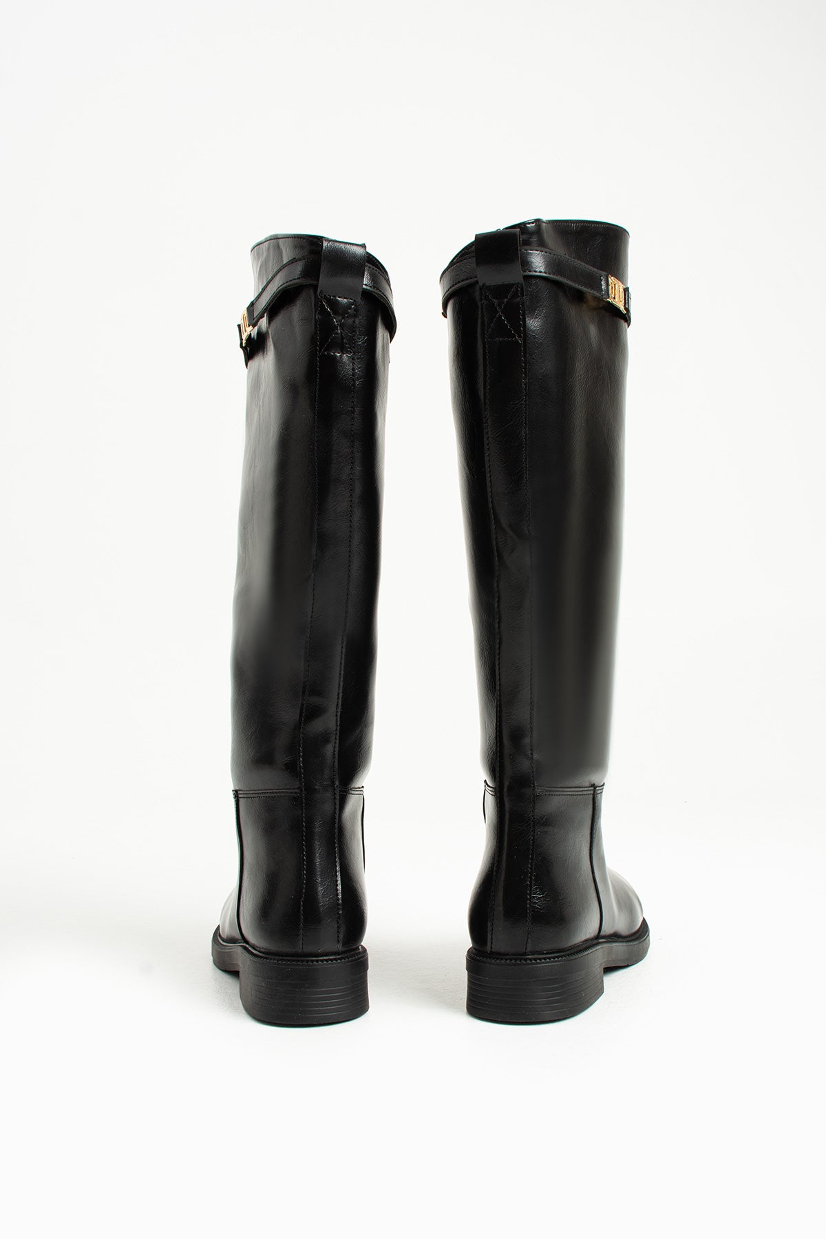 Oriana Toka Detaylı Kadın Siyah Düz Topuklu Diz Altı Deri Çizme