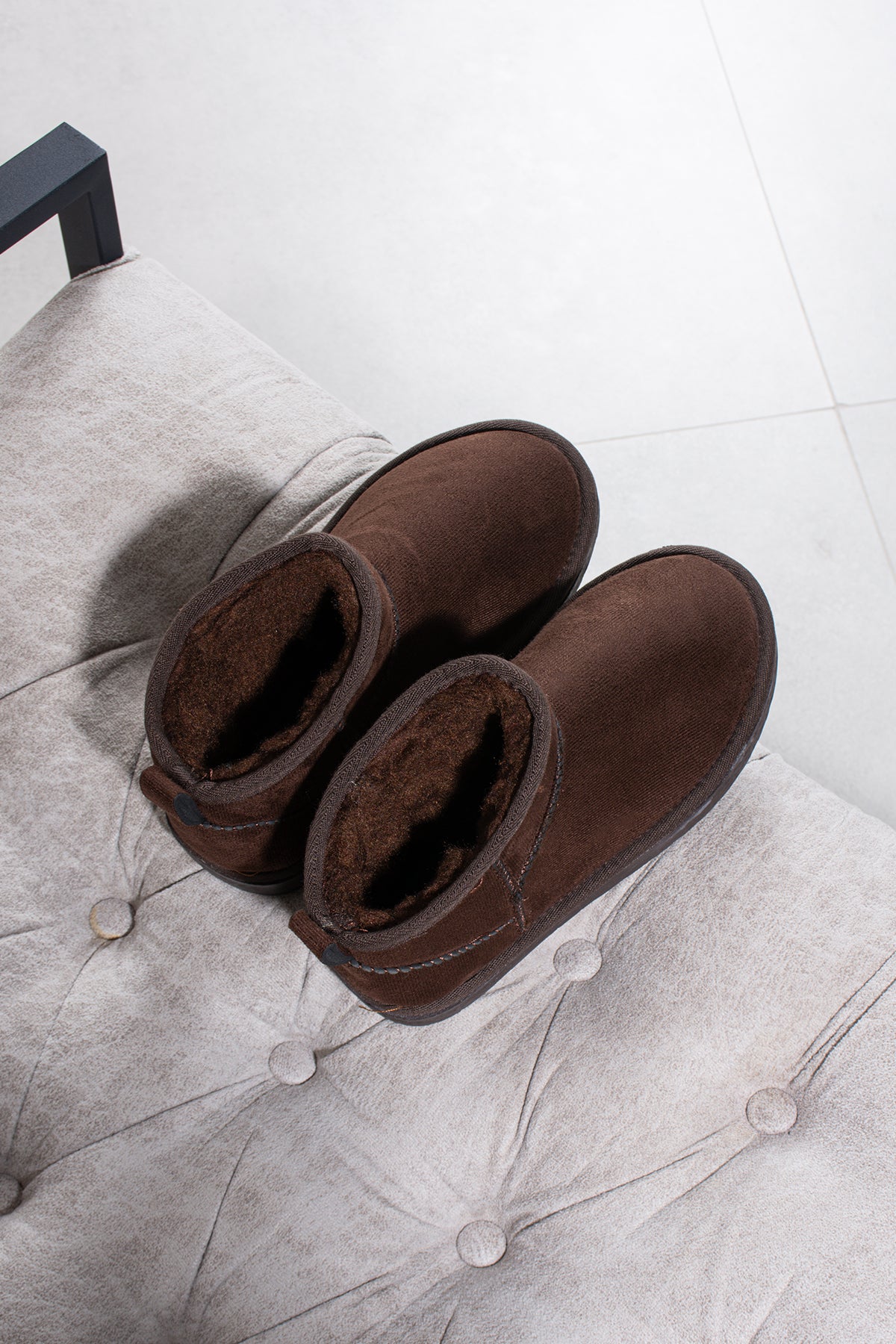 Mini Gri Süet Yarım Bot içi Tüylü Düz Taban Kadın Ayakkabı