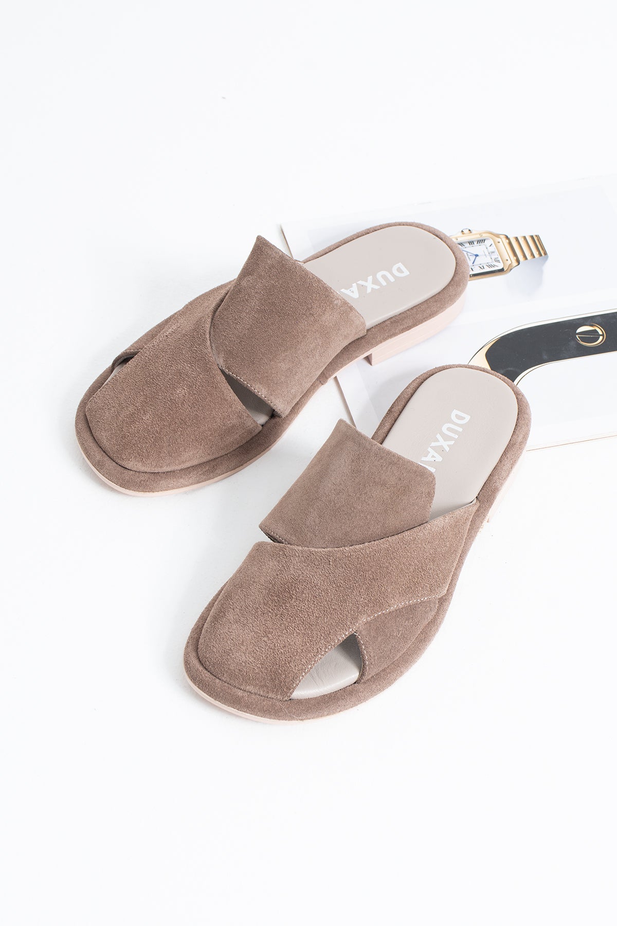 Bronte Hakiki Deri Süet Çapraz Bantlı Anatomik Tabanlı Konfor Terlik - Sandalet