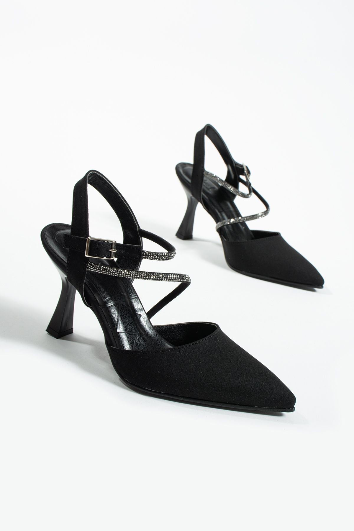 Fınley Siyah çapraz taş detay topuklu ayakkabı
