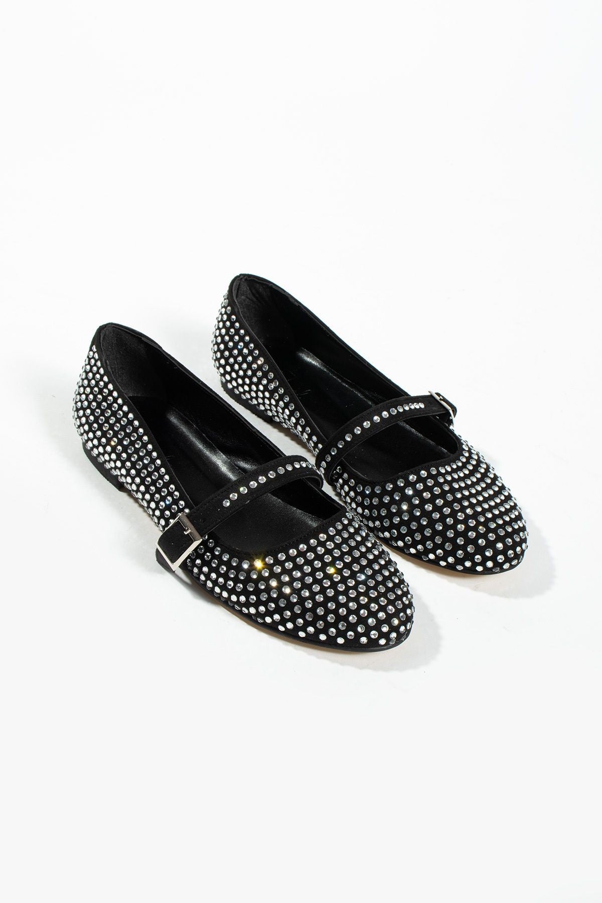 Kadın Baretli Taşlı Babet Ayakkabı Mary Jane Tevila Siyah