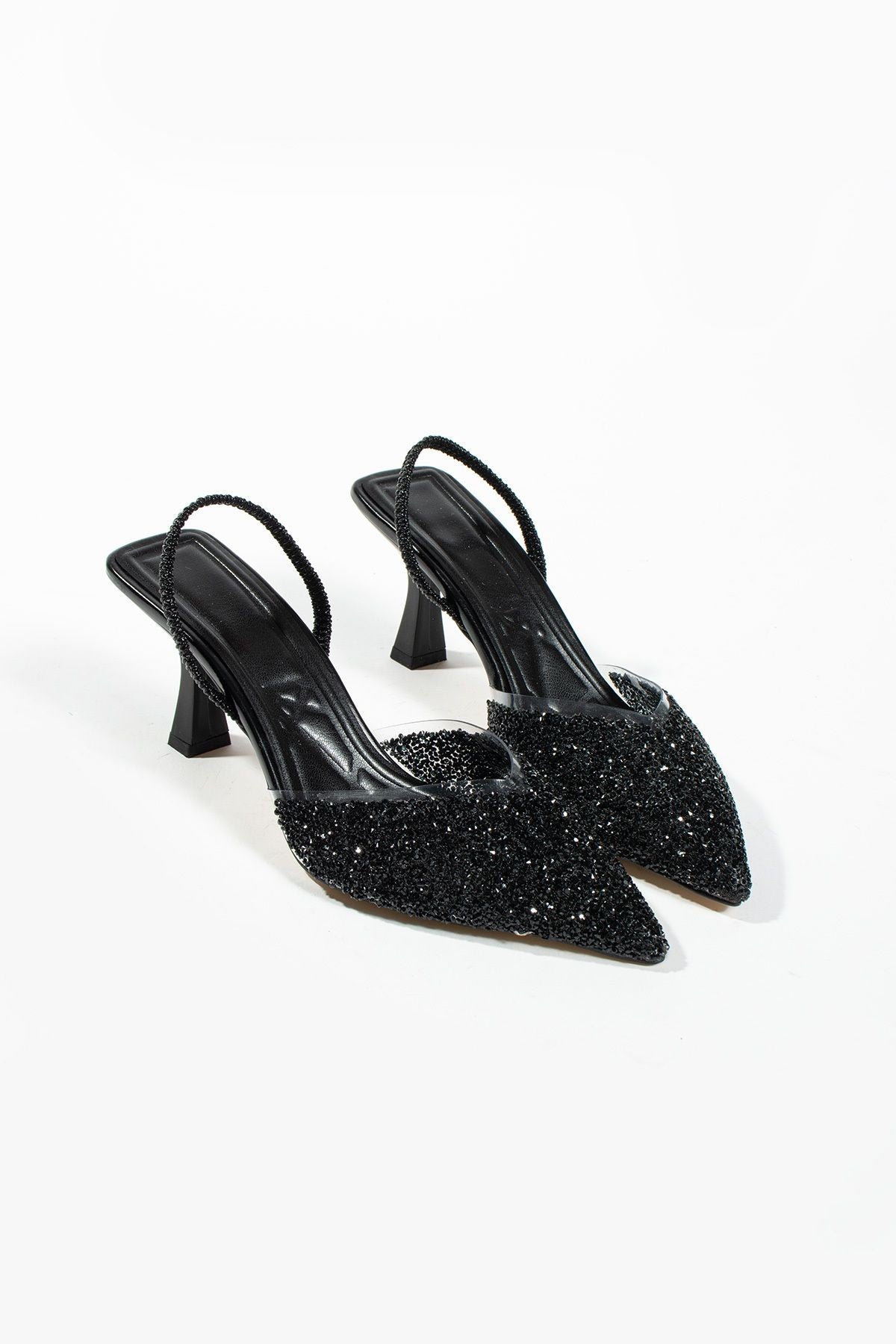 London Cam Kırıntıları Detay Arkası Açık Topuklu Ayakkabı
