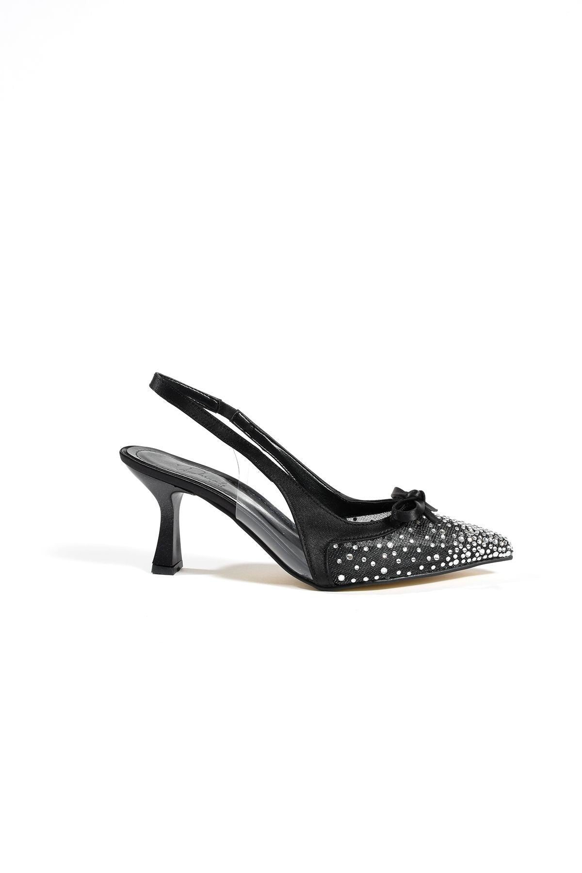 Olivia Kadın Stiletto Taşlı Sivri Burun Fiyonk Detay Arkası Açık Abiye Klasik Topuklu Ayakkabı