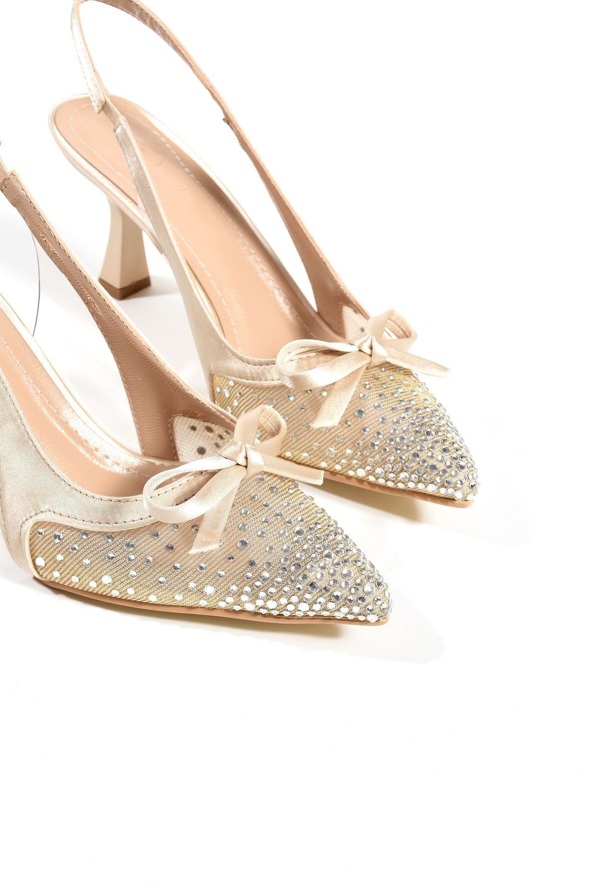 Olivia Kadın Stiletto Taşlı Sivri Burun Fiyonk Detay Arkası Açık Abiye Klasik Topuklu Ayakkabı