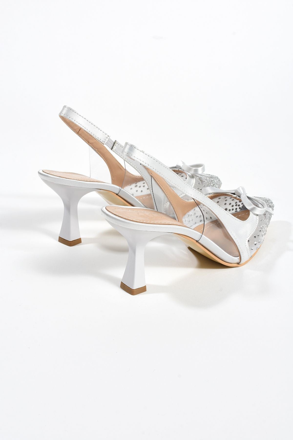 Olivia Kadın Stiletto Taşlı Sivri Burun Fiyonk Detay Arkası Açık Abiye Klasik Topuklu Ayakkabı