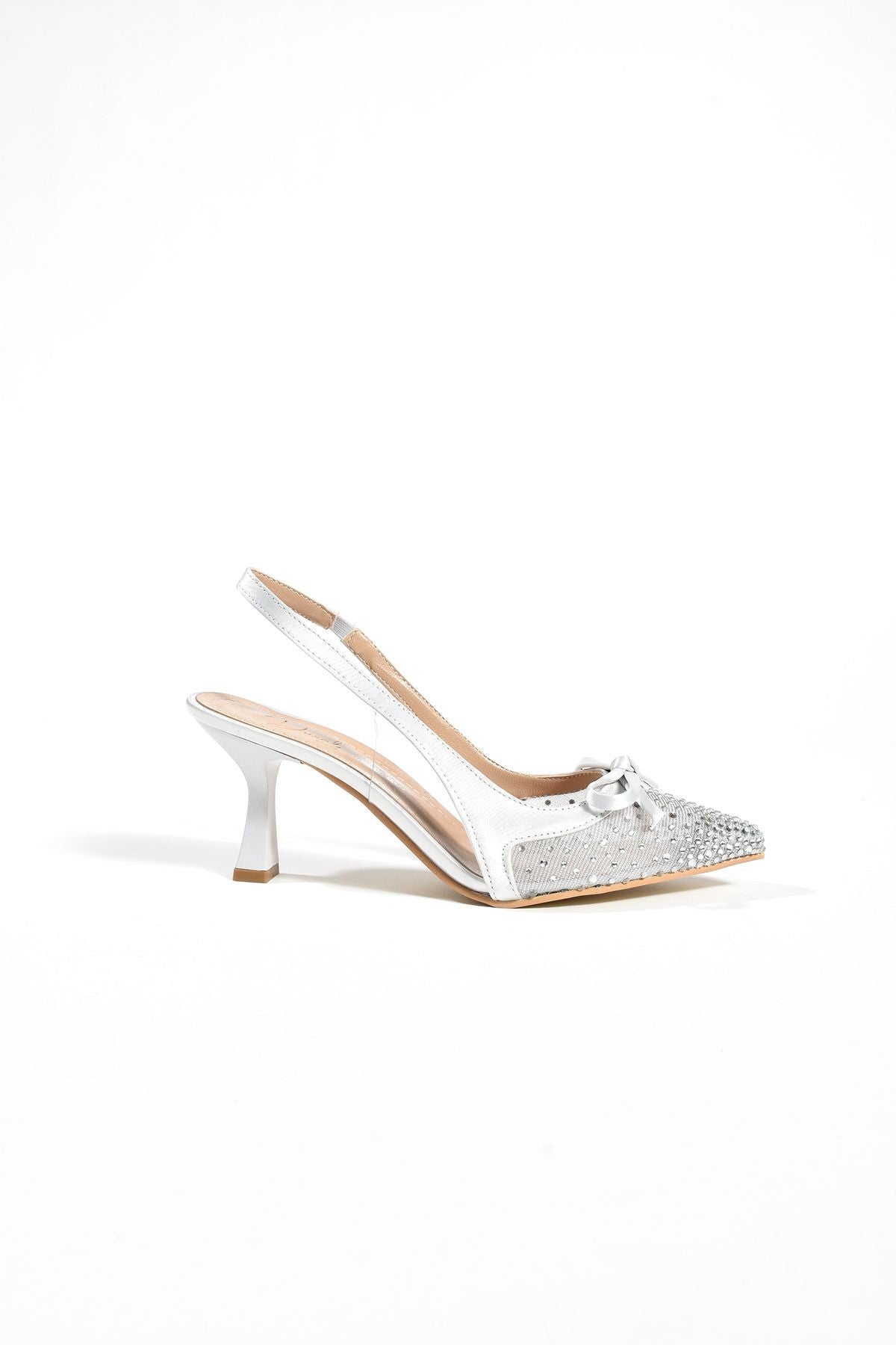 Olivia Kadın Stiletto Taşlı Sivri Burun Fiyonk Detay Arkası Açık Abiye Klasik Topuklu Ayakkabı