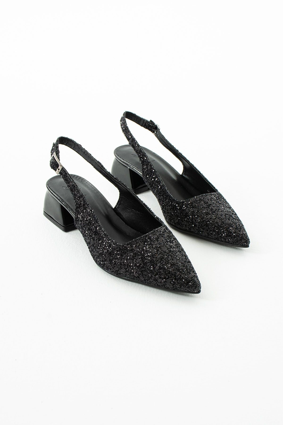Londra Cam Kırıntıları Detay Arkası Açık Topuklu Ayakkabı