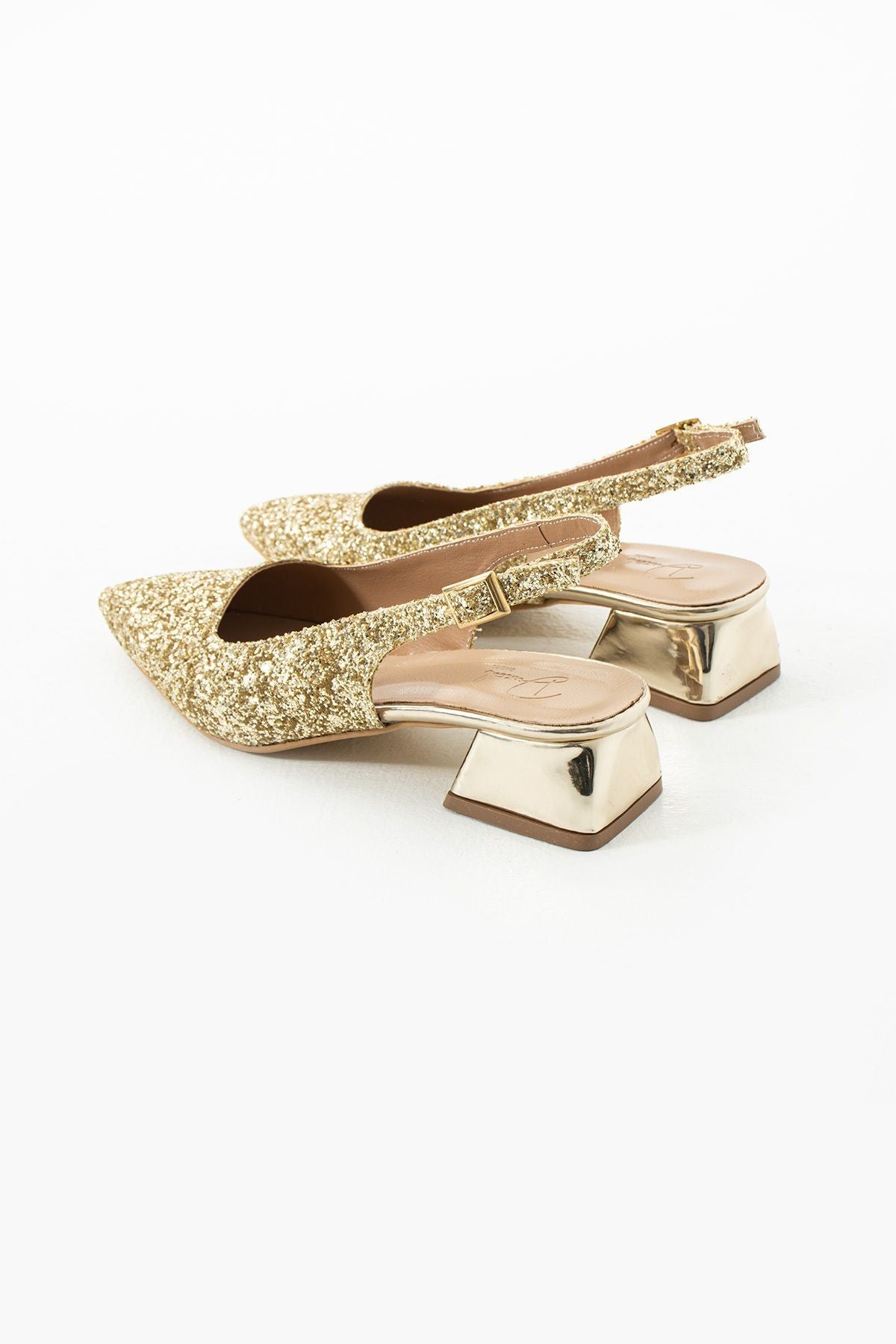 Londra Cam Kırıntıları Detay Arkası Açık Topuklu Ayakkabı