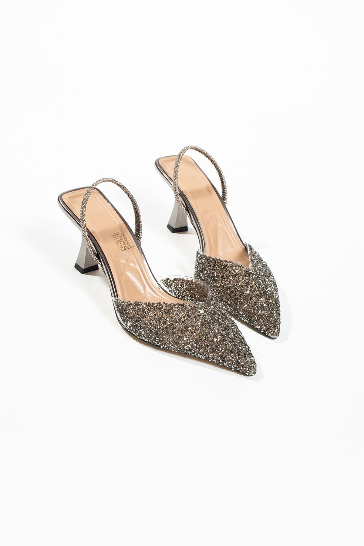 London Cam Kırıntıları Detay Arkası Açık Topuklu Ayakkabı