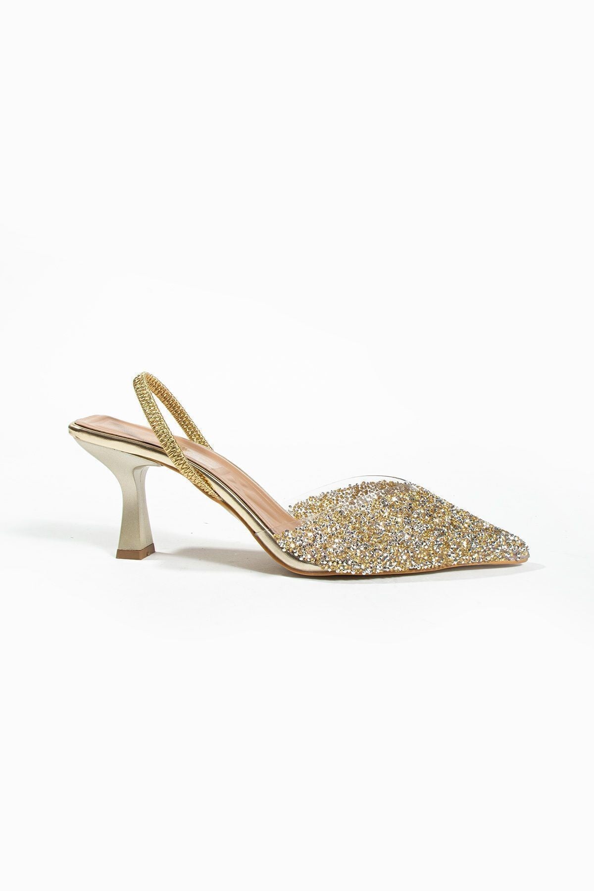 London Cam Kırıntıları Detay Arkası Açık Topuklu Ayakkabı