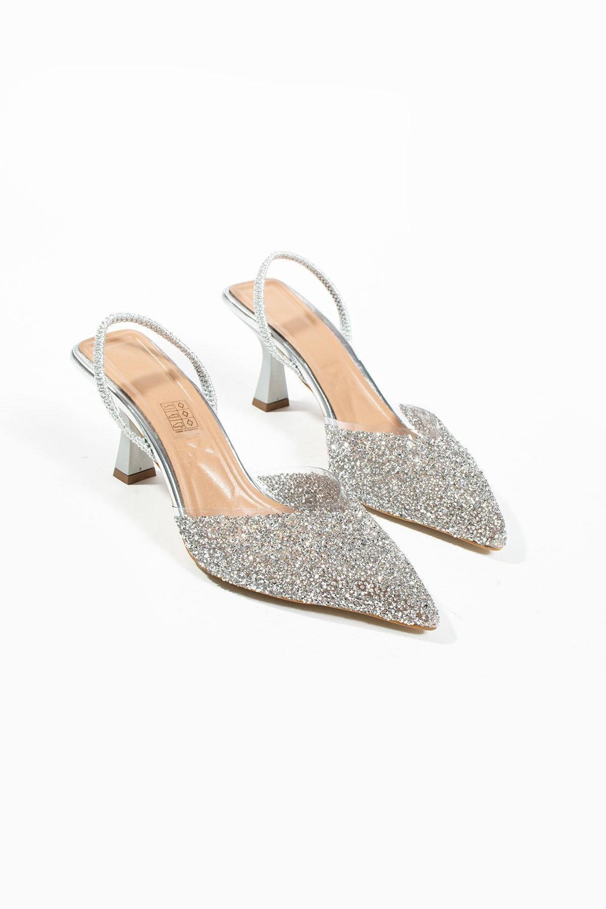 London Cam Kırıntıları Detay Arkası Açık Topuklu Ayakkabı