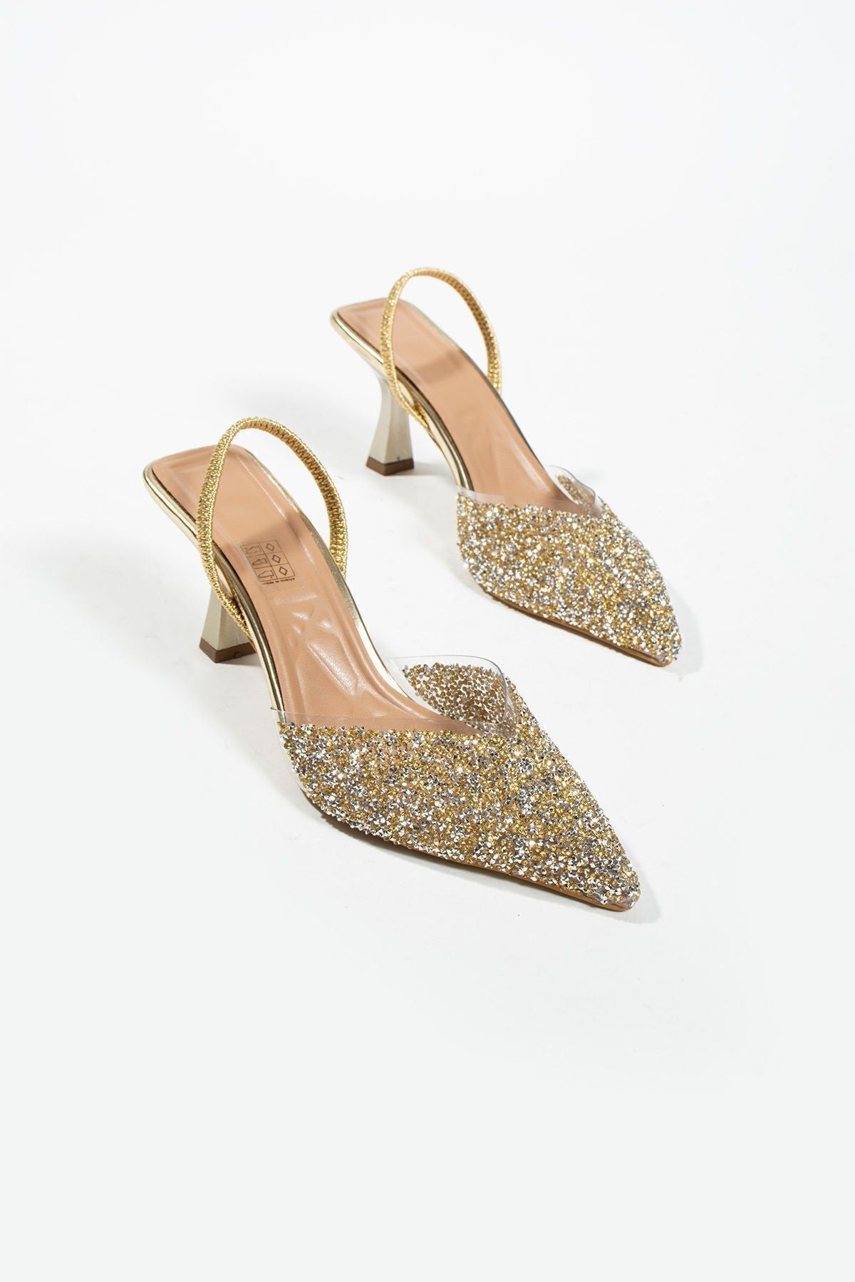 London Cam Kırıntıları Detay Arkası Açık Topuklu Ayakkabı