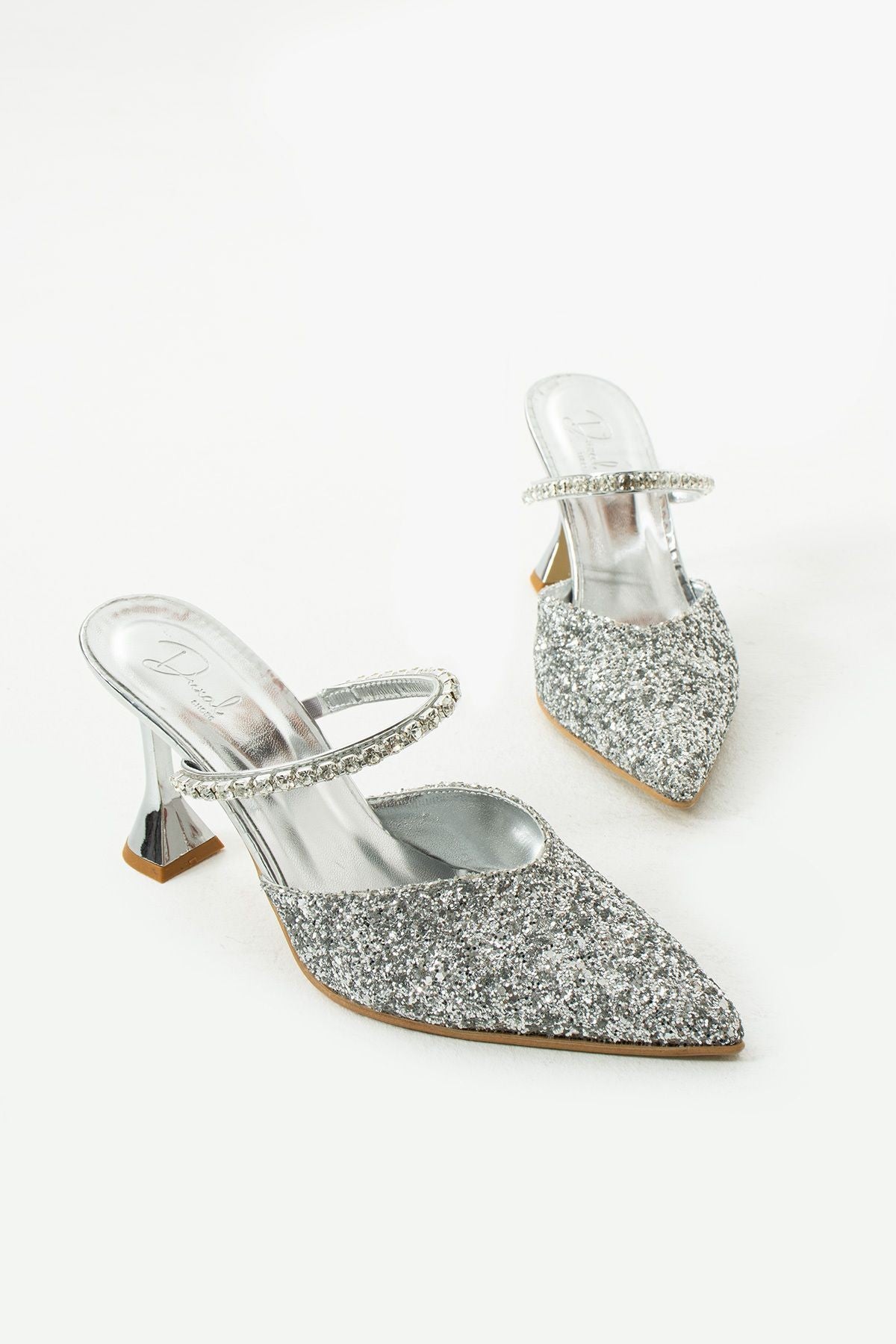 Casey Cam Kırıntıları Taş Detaylı Arkası Açık Topuklu Ayakkabı