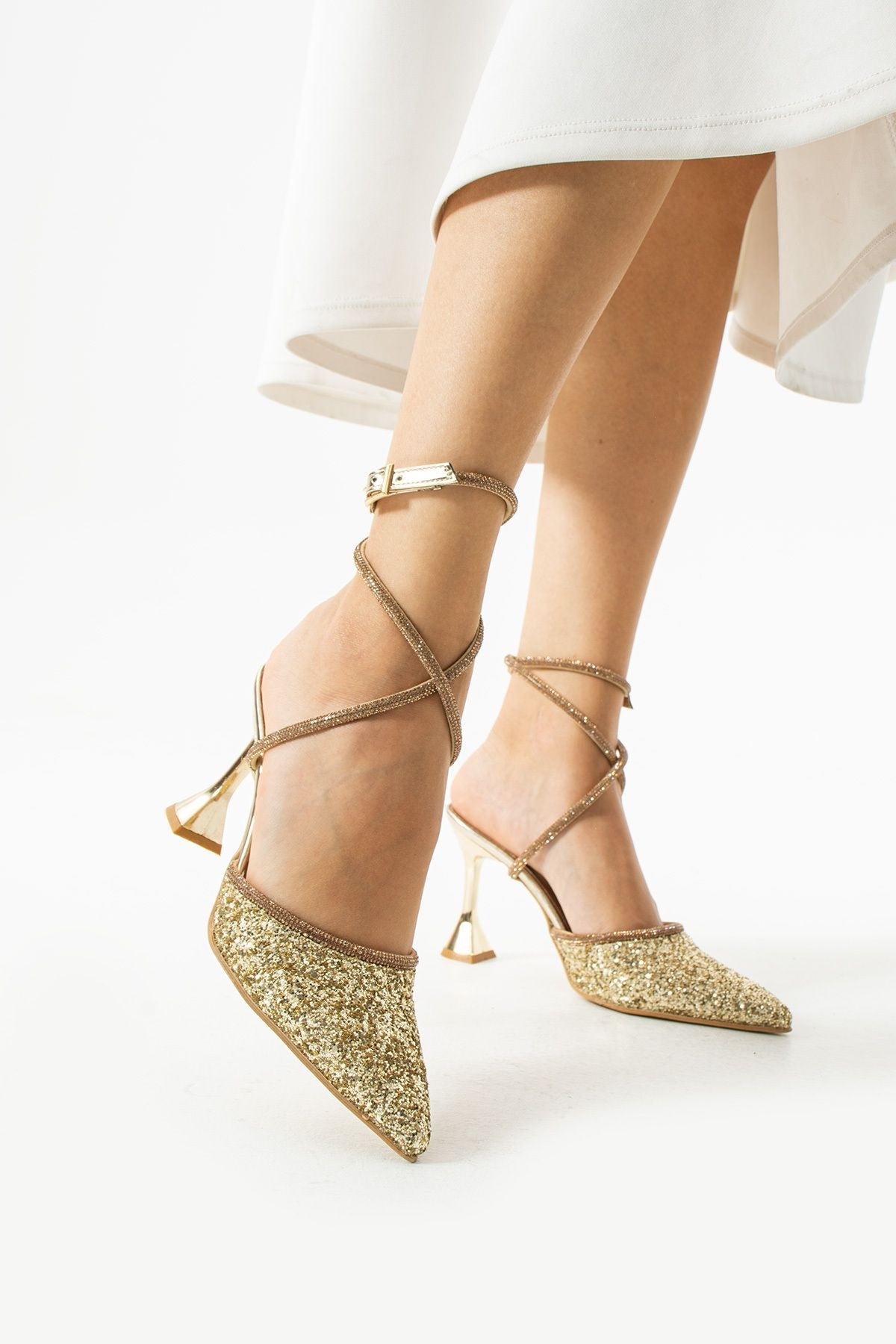 Hector Cam Kırıntıları Bilekten Dolamalı Topuklu Ayakkabı