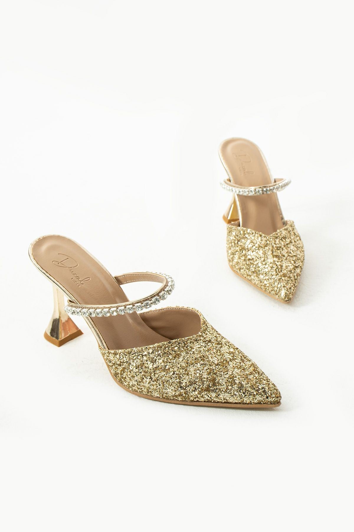 Casey Cam Kırıntıları Taş Detaylı Arkası Açık Topuklu Ayakkabı