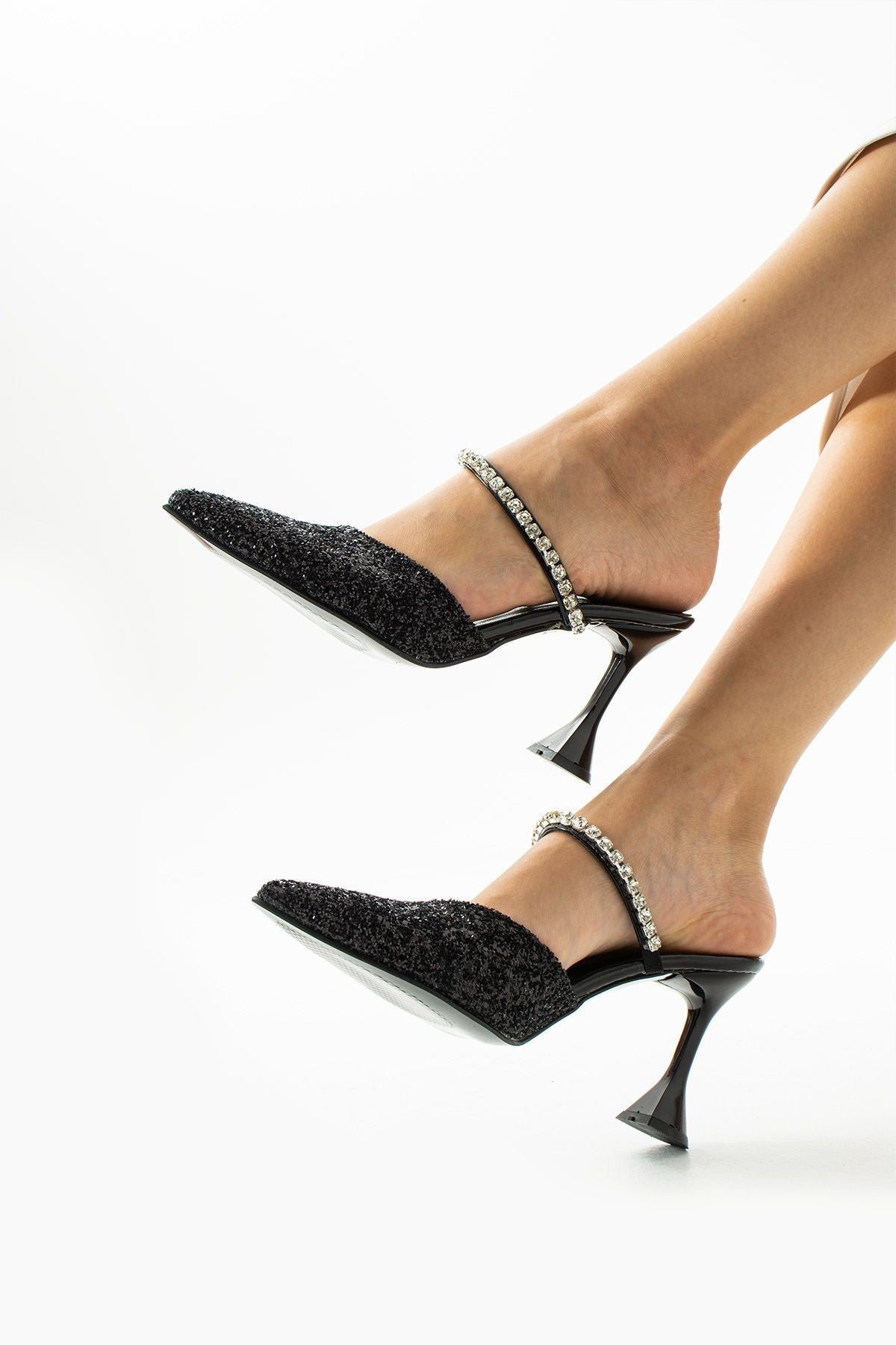 Casey Cam Kırıntıları Taş Detaylı Arkası Açık Topuklu Ayakkabı