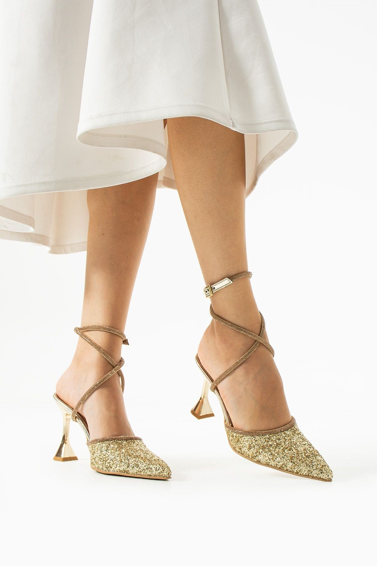 Hector Cam Kırıntıları Bilekten Dolamalı Topuklu Ayakkabı