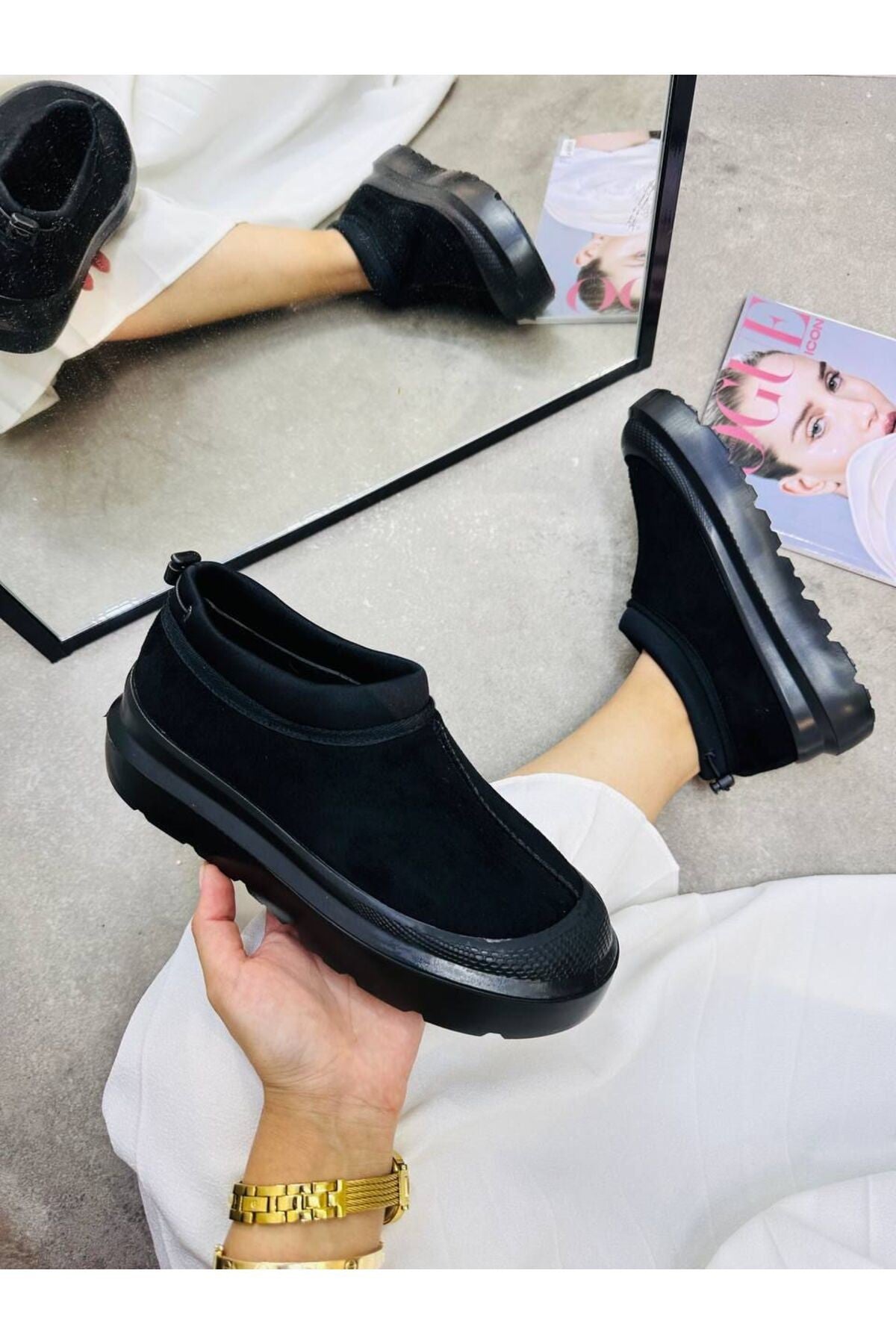 Paula Mini Siyah Süet Yarım Bot Içi Tüylü Düz Taban Kadın Ayakkabı