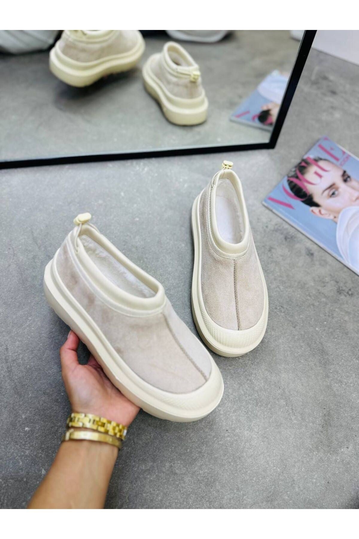 Paula Mini Siyah Süet Yarım Bot Içi Tüylü Düz Taban Kadın Ayakkabı