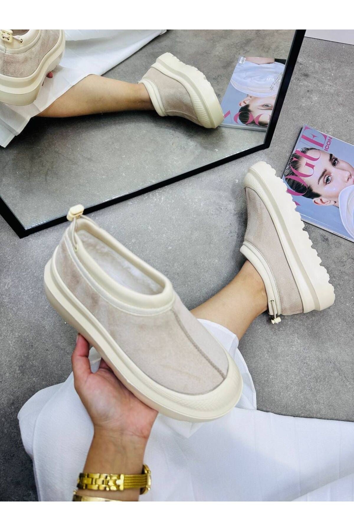 Paula Mini Siyah Süet Yarım Bot Içi Tüylü Düz Taban Kadın Ayakkabı